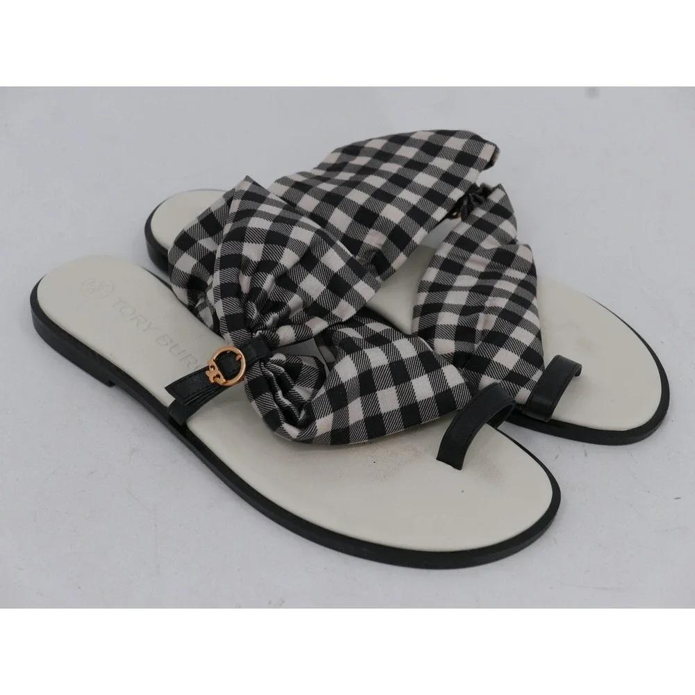 Tory Burch Selby Scarf Flat Toe Ring Sandals Black Gingham Women's Size 9.5